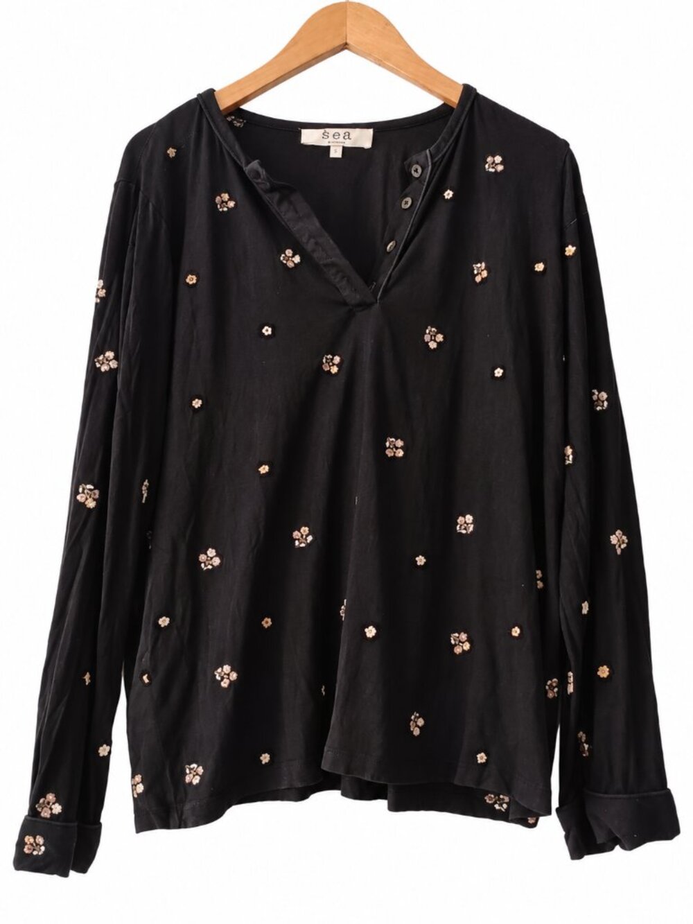 Sea New York Black Floral Embroidered V Neck Long Sleeve Boho Blouse L